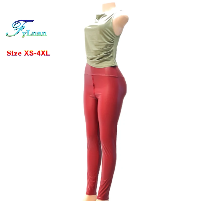 Pantalones de cuero PU rojo vino mate para mujer, mallas de cintura alta con doble cremallera, pantalones ajustados hasta el tobillo para club nocturno con elasticidad gruesa