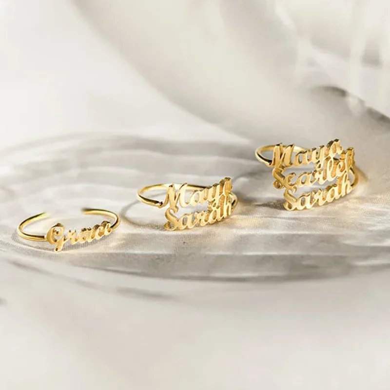 Personalised Custom Double Names Ring Gold Stainless Steel Open Adjustable Couple Promise Rings for Women Romantic Jewelry Gifts