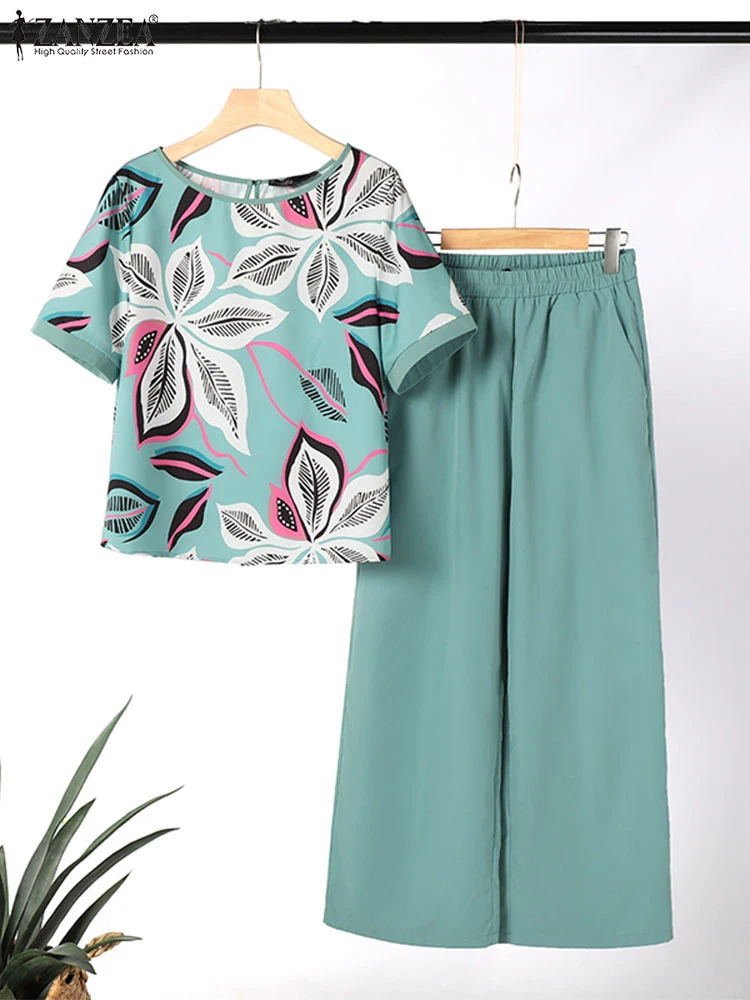 ZANZEA Loose Short Sleeve 2pcs Outfits Printed Blouse Bohemian Women Korean Matching Sets Casual Summer Trousers Suits Pant Sets