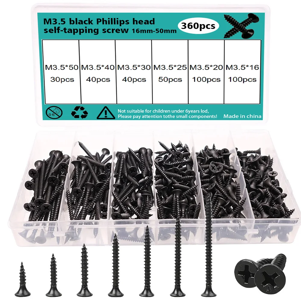 Black Phillips Head Self-Tapping Screws, M3.5, 360 Pieces Per Box, Available in 16mm, 20mm, 25mm, 30mm, 40mm, and 50mm Sizes.