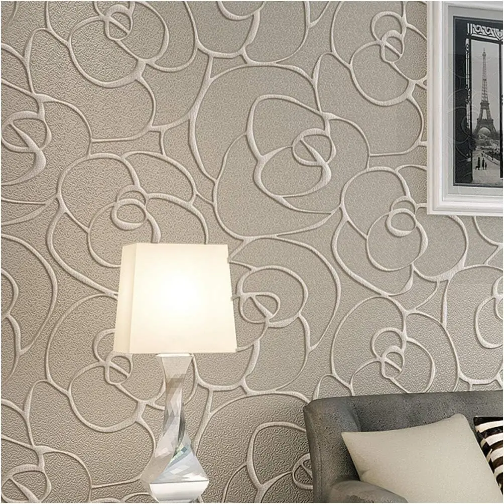 Q QIHANG Modern Minimalist 3D Embossed Rose Flower Curve Non-woven Living Room Non-self-adhesive Wallpaper 1.73'W x 31.2'L