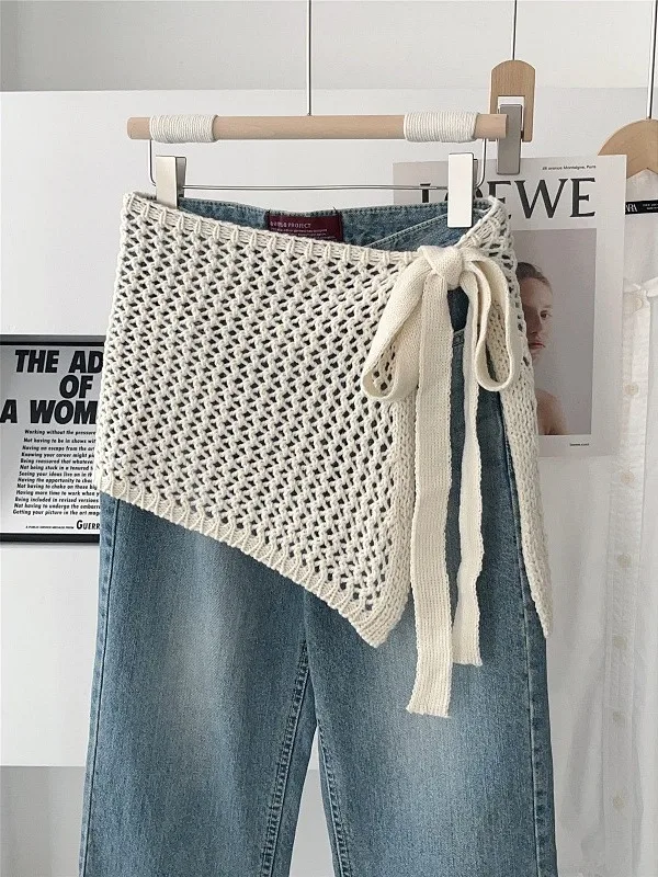 

Женская вязаная юбка больших размеров с вырезами и поясом, осенне-зимняя, универсальная, для многослойного образа, скрывающая фигуру