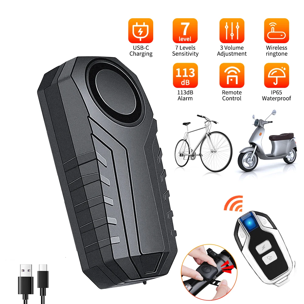 Type-C Rechargeable Bicycle Motoycycle Alarm IP65 Waterproof 113dB Anti-theft System Remote Control Search Wireless Reminder