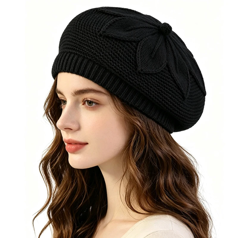 Women's Vintage Knit Beret Hat with Flower Pattern Warm Soft Beanie Cap for Winter Fashion Daily Wear Painter Cap