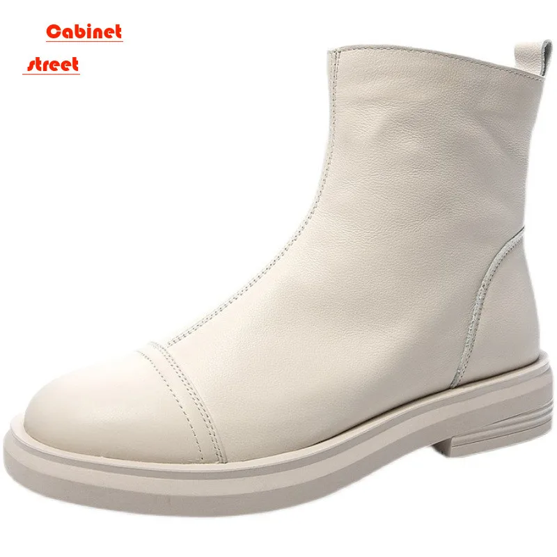 

2024 Fashion Women Boots Autumn Winter Plush Warm Flat Heel Genuine Leather Side Zipper Casual Short Ankle Boots For Women