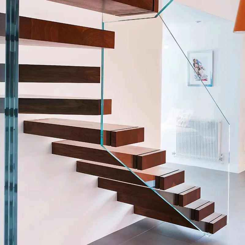 Floating stairs Glass railing Carbon steel frame Unique lighting effect Floating stairs