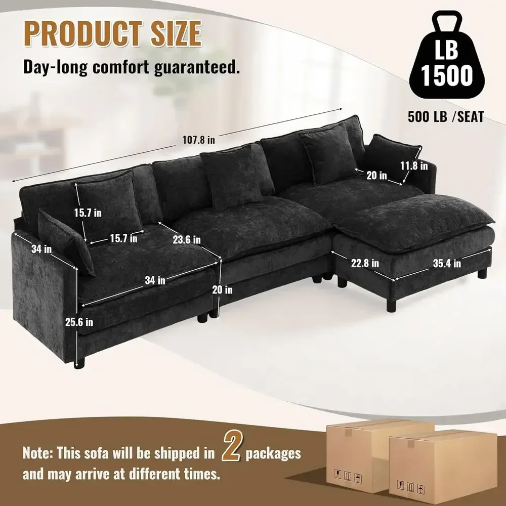 L-Shaped 3-Seat Chenille Sofa Set with Ottoman, Deep Seating for Living Room or Bedroom (Black)