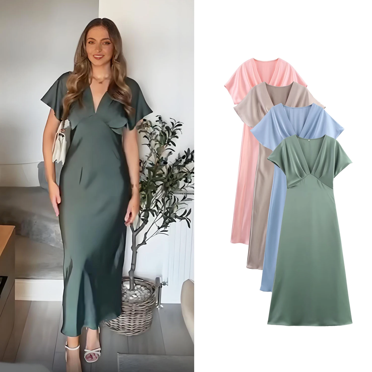 Damen Sommer Satin Midi Lange Kleider Weibliche Schicke Kurzarm Plissierte Einfarbige V-Ausschnitt Abendkleider Elegante Partykleider