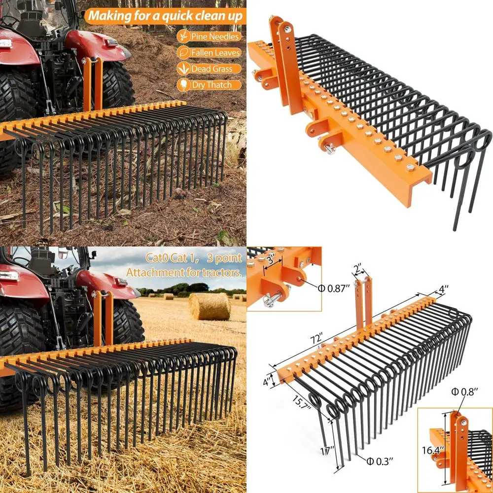 

72-дюймовые усиленные стальные грабли для листьев с порошковым покрытием для трактора, подходят для Cat 0-1, 3-точечное крепление, желтые