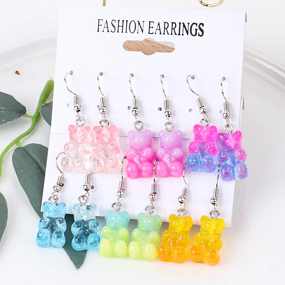 3 Pairs/Set Candy Color Acrylic Gummy Bear Drop Earrings for Women Korean Transparent Resin Jelly Bears Earring Sets Y2k Jewelry