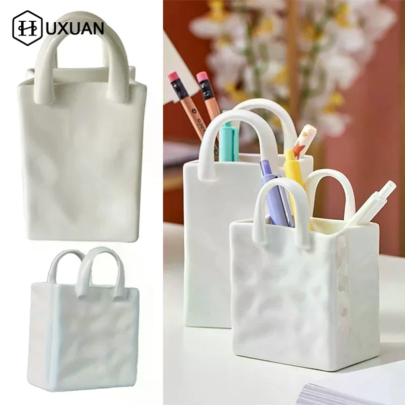 Nordic Handbag Shaped Ceramic Vase for Flowers Modern Decorative White Vase Home Decoration Dried Flower Arrangement Table Decor