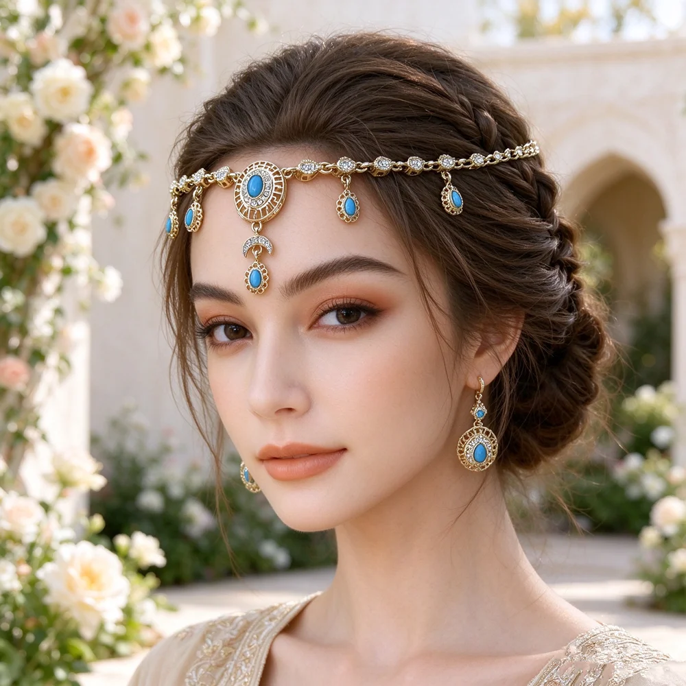 Boho Crystal Forehead Chain Headband Middle East Ethnic Head Set Ornament For Women