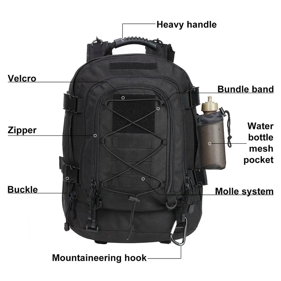 Tactical Backpack for Men Military Backpack with DIY System for Travel, Work,Camping,Hunting,Hiking,Sports BLACK
