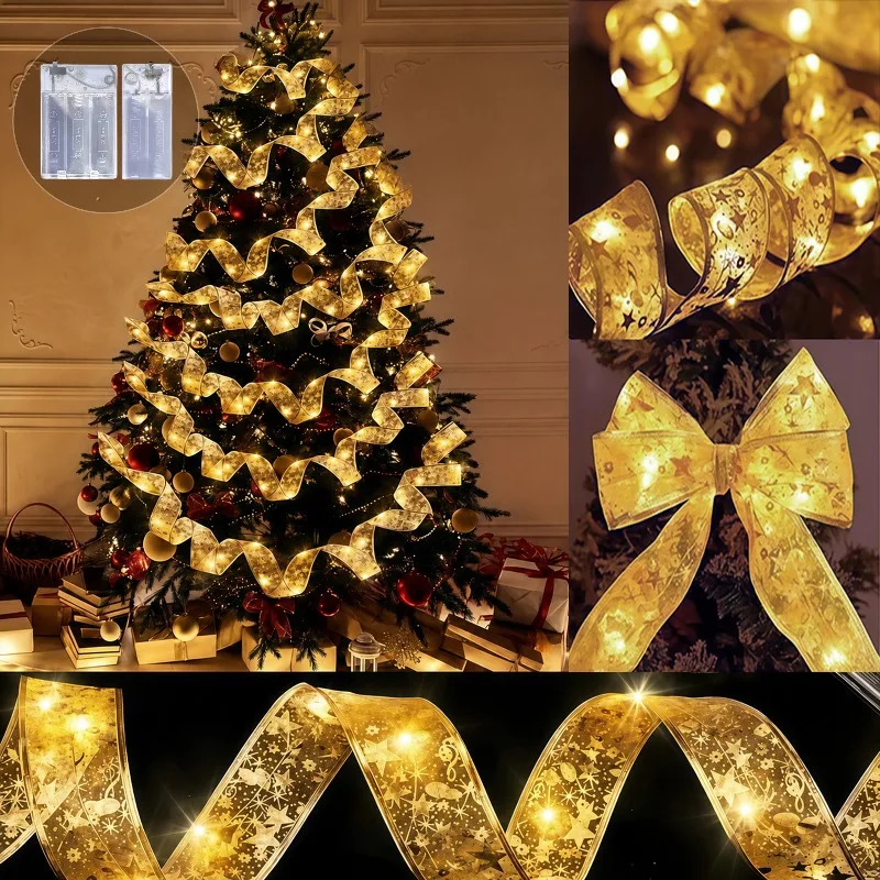 Battery Box Ribbon Lights Gold Silver Ribbon String Light 2M20LED 5M50LED 10M100LED Warm White Colorful Holiday Home Decoration