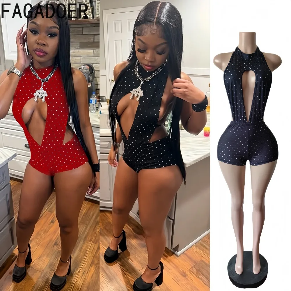 FAGADOER Sexy Hollow-out Bodycon Jumpsuit Women Sleeveless Polka Dot Print Patchwork Rompers Female Streetwear Overalls 2026 New