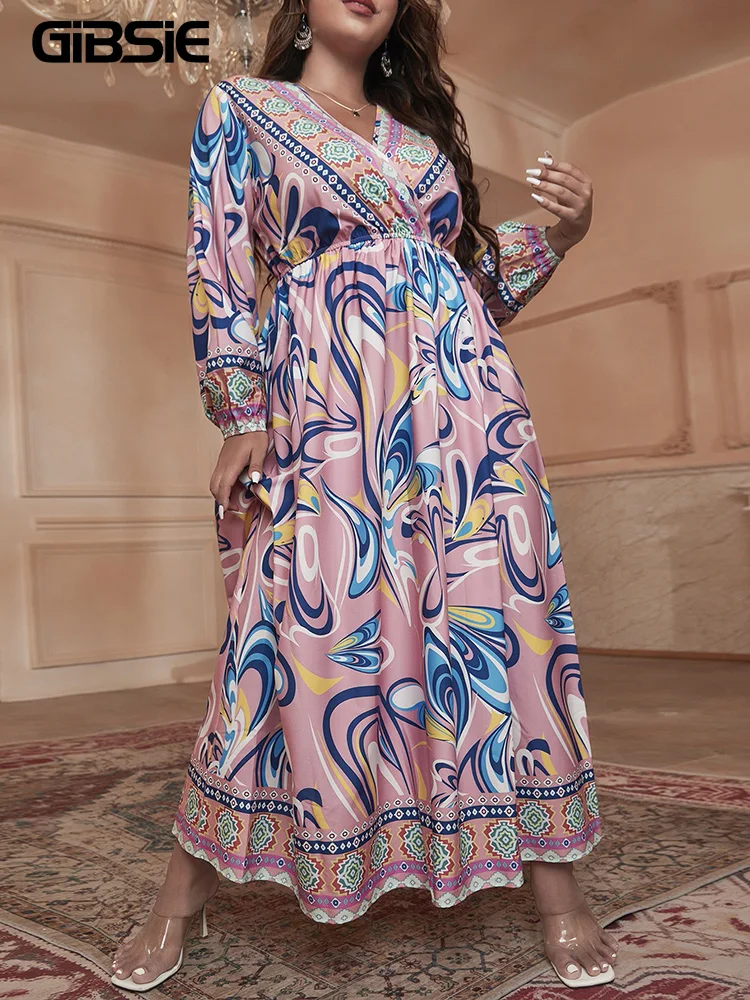 

GIBSIE Plus Size Surplice Neck Boho Print Long Dress Women 2026 Spring New Vacation Long Sleeved Elastic Waist A-Line Dresses