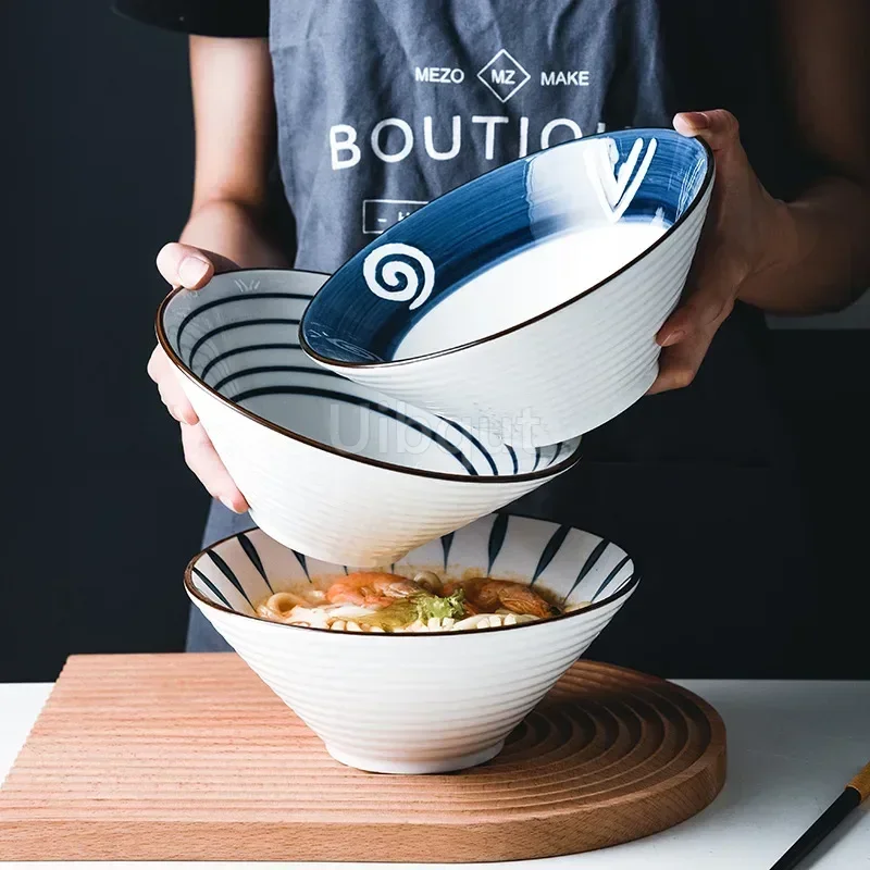 Salad Bowl 8 inch Ceramic Creative Hand Painted Pattern Japanese Bowl Ramen Household Large Noodle Soup Multi Purpose 20cm