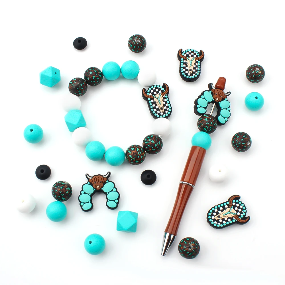30Pcs/Set Turquoise Cowboy Silicone Bead Set Assorted Shapes Focal Beads for DIY Pens Keychains Bracelets Craft Kit Essentials