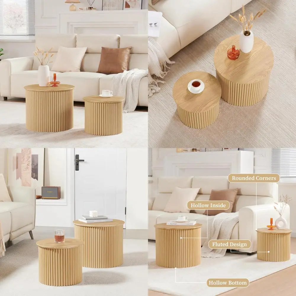 

Boho Chic Modern Nesting Coffee Table Set - 2 Piece Fluted Circle Side Tables for Farmhouse Style