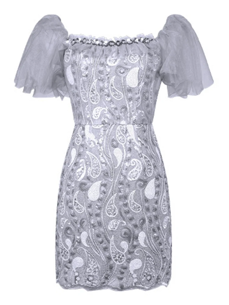 Glamorous Chic Party Mini Dress for Women Sexy Sheer Mesh Off-Shoulder Tulle Sparkling Neckline Short Gown Female Club Vestidos