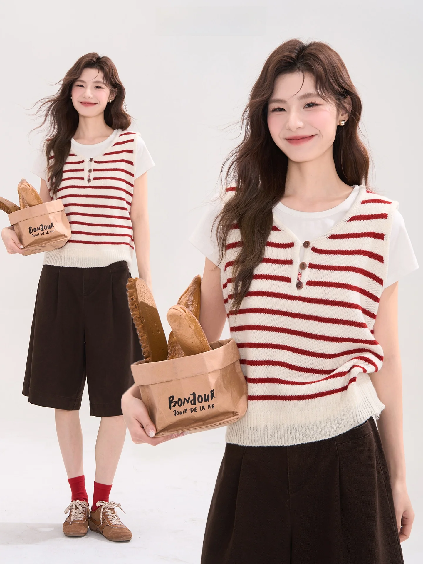 

Heme Window Flower Field Amber Color Knitted Loose Women's Vest Summer Casual Style Striped Button up Cardigan Knitwear