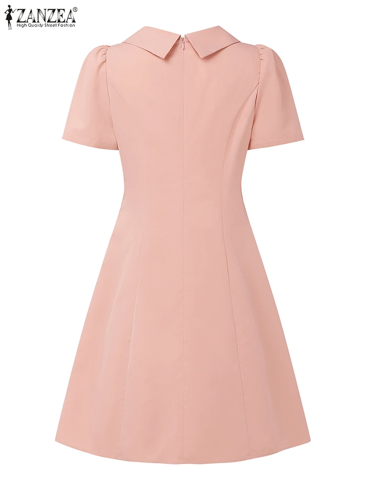 ZANZEA Fashion Chic Woman Knee-Length Dresses Elegant Turn-Down Collar Short Sleeve Waist-Gathered A-Line Robe OL Vestidos Mujer