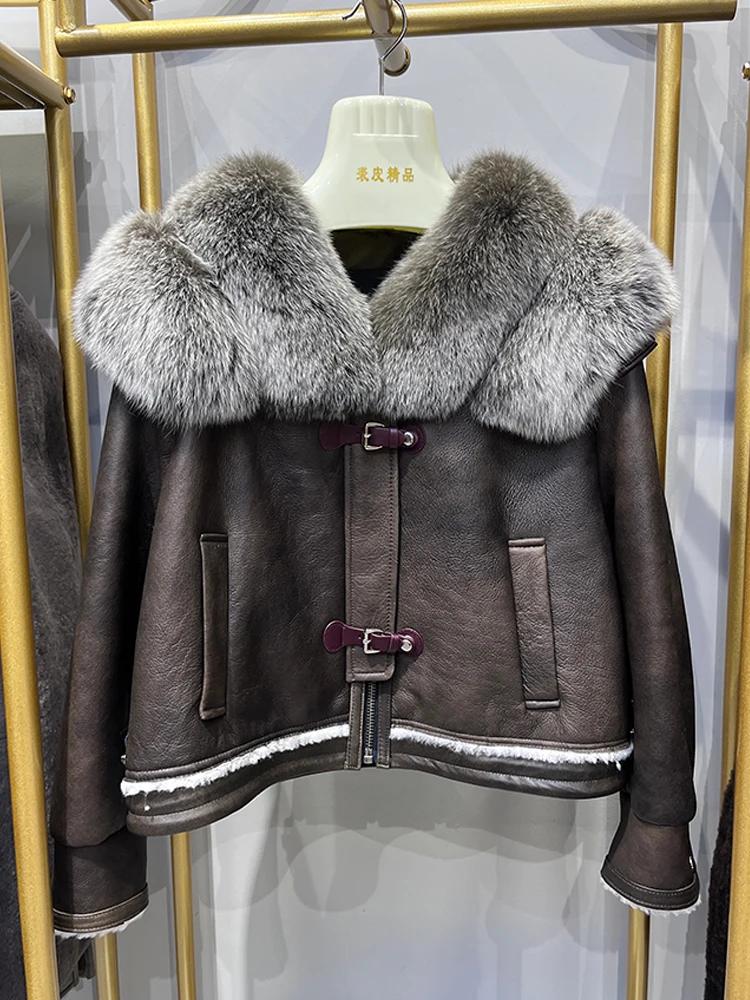 2024 Winter Women Genuine Leather Jacket Real Natural Merino Sheep Fur Real Fox Fur Collar Thick Warm Outerwear Female Coats