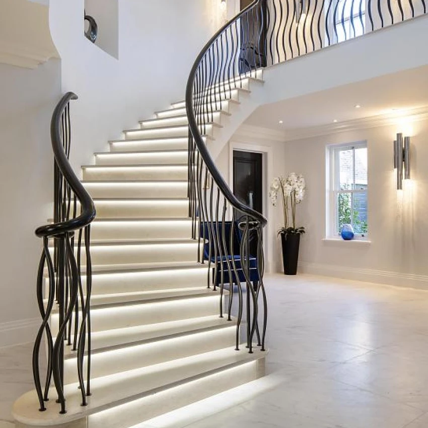 Customization Luxury Stairs Design Steel Double Plate Beam Marble Step Curved Stairs with Stainless Steel Stair Railing for Sale