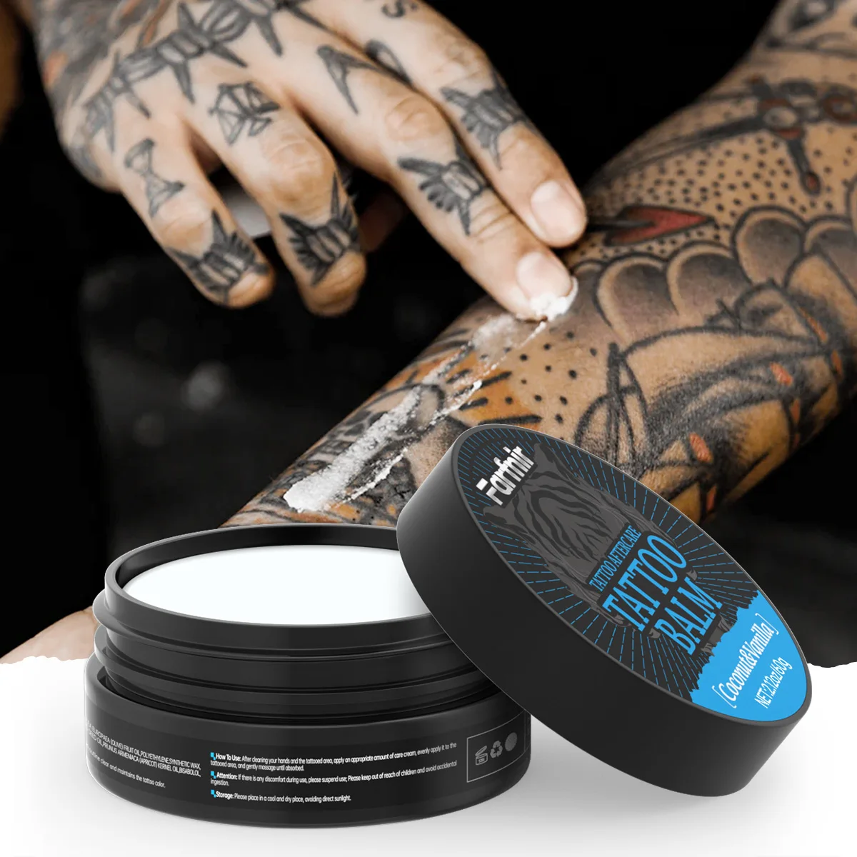 2.12 oz/60g Tattoo Balm, with a coconut and vanilla scent, moisturizes, maintains clarity  and makes new tattoos more vibrant.