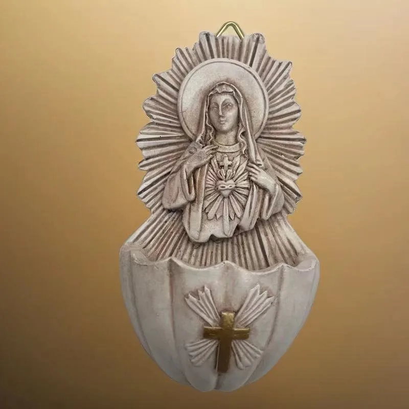Virgin Mary Holy Water Font Statue Resin Antique Color Holy Statue With Hook For Study Room Home Decoration Church Gift