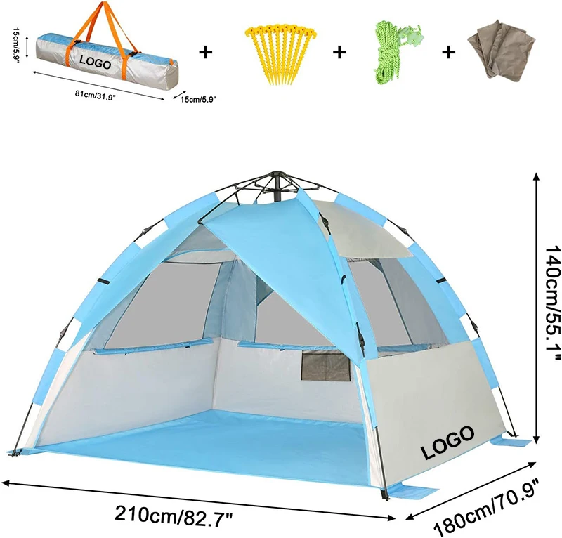 

Family Canopy Cabana Anti Uv Outdoor Camping Fishing Hiking Outdoor Pop Up Automatic 3-4 Person Beach Tent With Carrying Bag