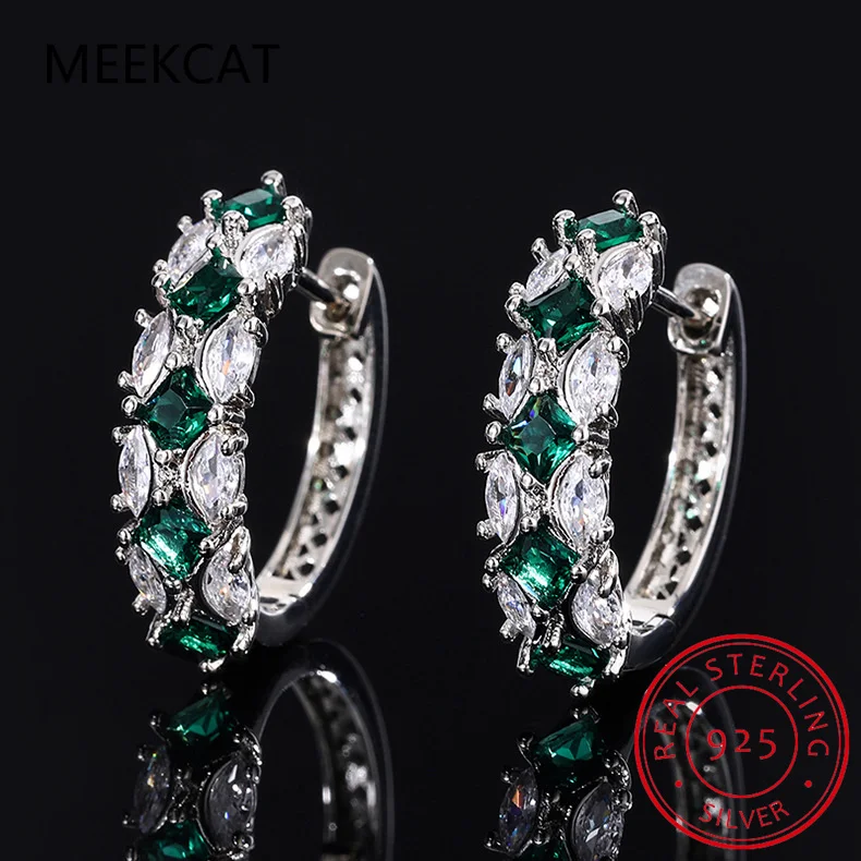Square Green Simulated Nano Emerald 925 Sterling Silver Hoop Earrings for Women Marquise Cut Gemstone Wedding Jewelry Huggies