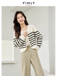 Vimly Striped Round Neck Cropped Knitted Cardigan 2024 Spring French Style Elegant Knit Women Top High Stretth Knitwear 72591