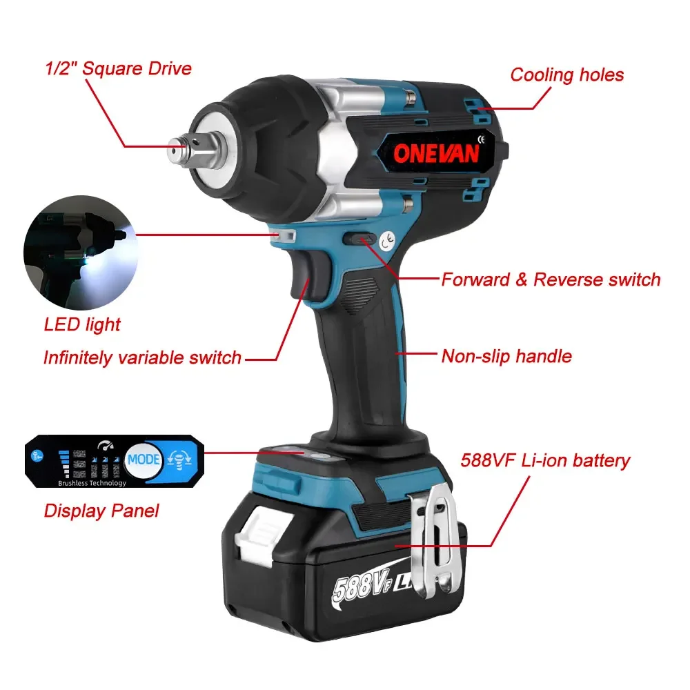 1800N.M 1/2 Inch Brushless Electric Impact Wrench with 4 Socket 2 Battery Screw Wrench For Trucks Power Tool