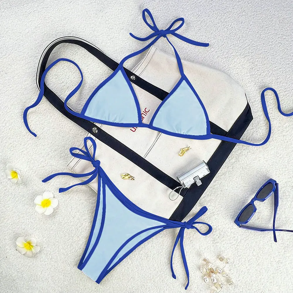 ชุดบิกินี่วินเทจสีน้ำเงิน ทรงสามเหลี่ยม สายผูก ชุดว่ายน้ำแบบดันทรง เปิดหลัง บิกินี่สุดเซ็กซี่ ชุดชายหาดสำหรับผู้หญิง ชุดว่ายน้ำ