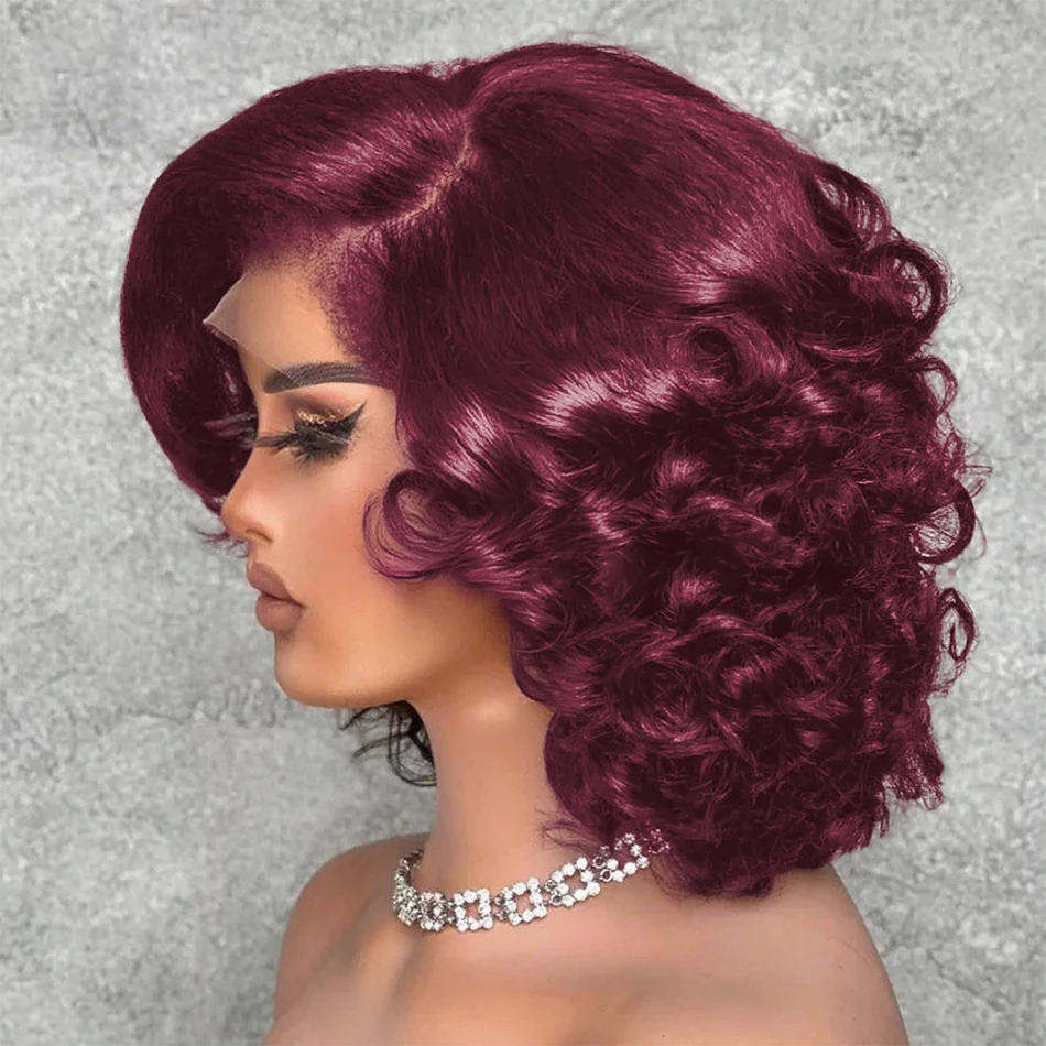 

99J Бордовый Короткие Вьющиеся Объемные Волны 13x4 Парики Фронта Шнурка Красного Цвета Бесклеевые 100% Человеческие Волосы Волнистый Боб Парик Фронта Шнурка 14 Дюймов