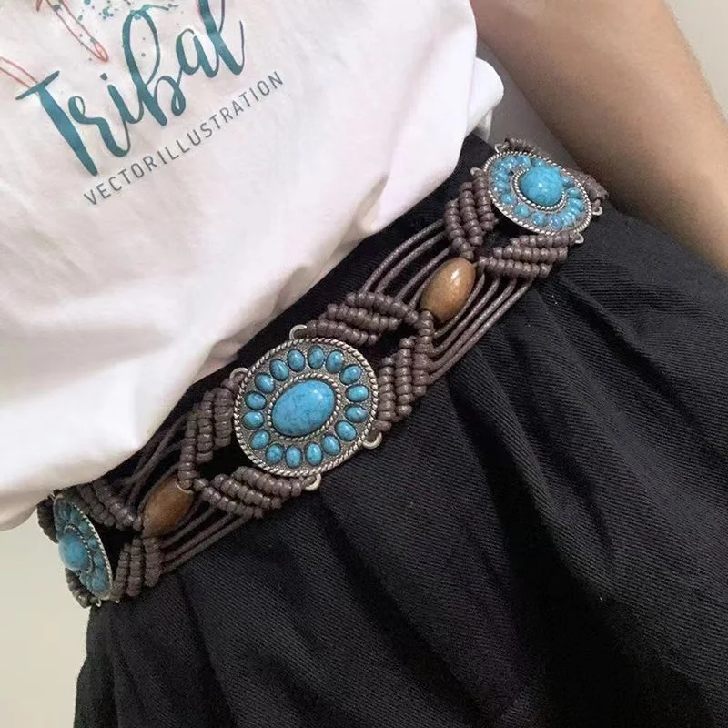 New Bohemian Alloy Turquoise Resin Bead Woven Knotted Ethnic Style Women's Waist Rope