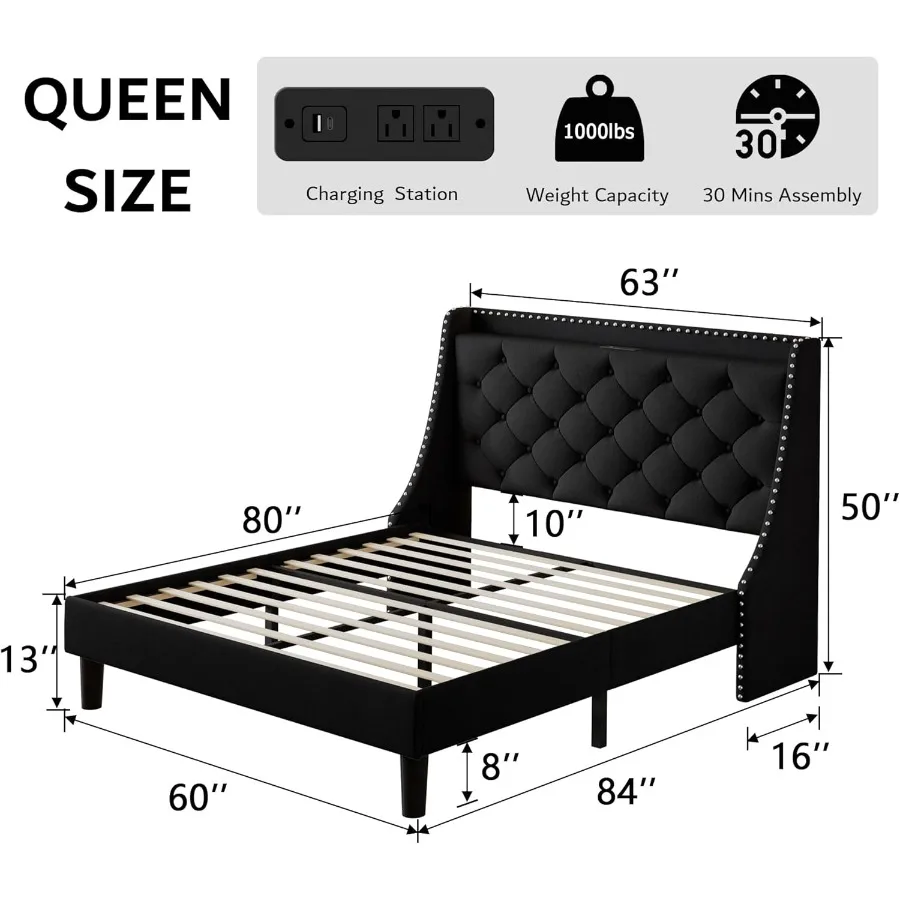 إطار سرير كوين مع تصميم مريح بظهر مجنح ومحطة شحن مدمجة وسرير بمنصة منجد تتميز بزر معنقدة #2