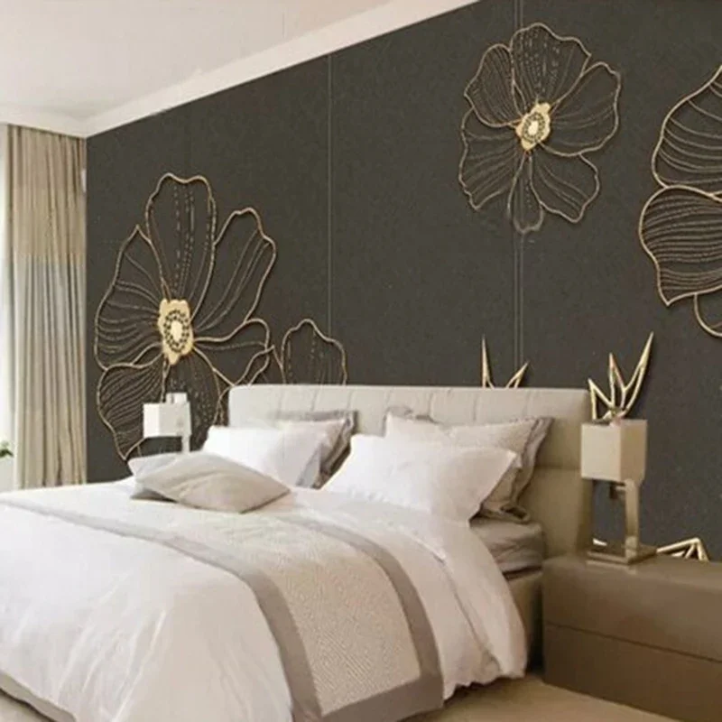 Modern and simple golden lines flowers plum blossoms TV luxurious home living room background wall