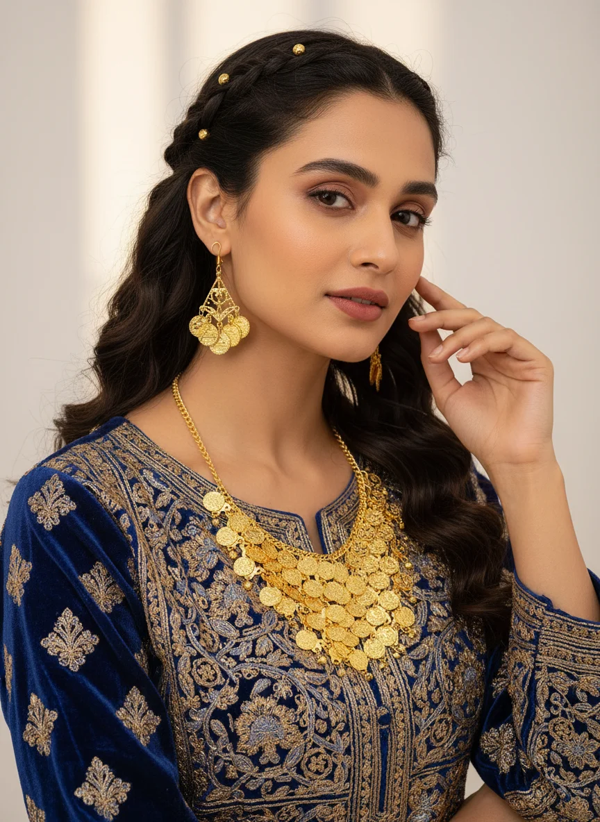 Bohemian Gold Coin Necklace & Earrings Set - Retro Ethnic Gypsy Jewelry for Bridal, Festival, and Traditional Occasions