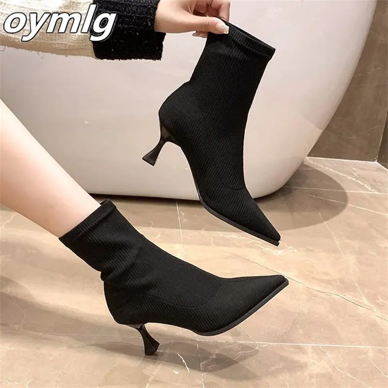 2022winter women\'s boots elastic socks boots high heels knitted skinny boots stiletto mid-tube short boots pointed toe bare boot