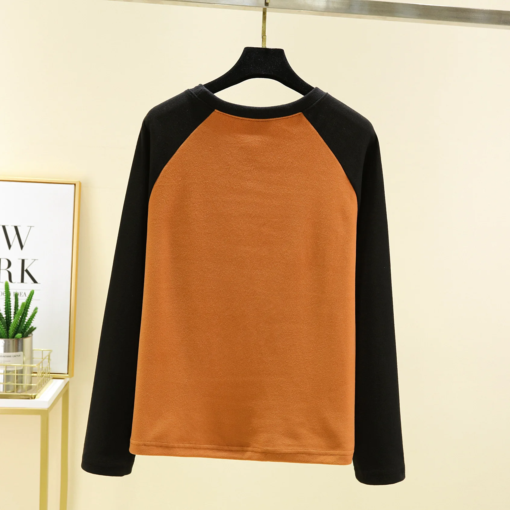 Dralon Contrast color Bottoming T-shirt O-Neck Warm fleece Tshirts Longsleeves Autumn winter Tee Tops