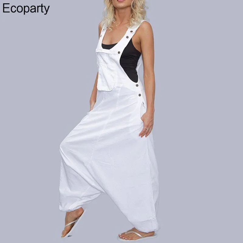 Womens summer Loose Jumpsuits Harem Pants Wide Leg Pants Sleeveless Pockets Bib Jumpsuit Siamese Trousers For Lady Large Size 35