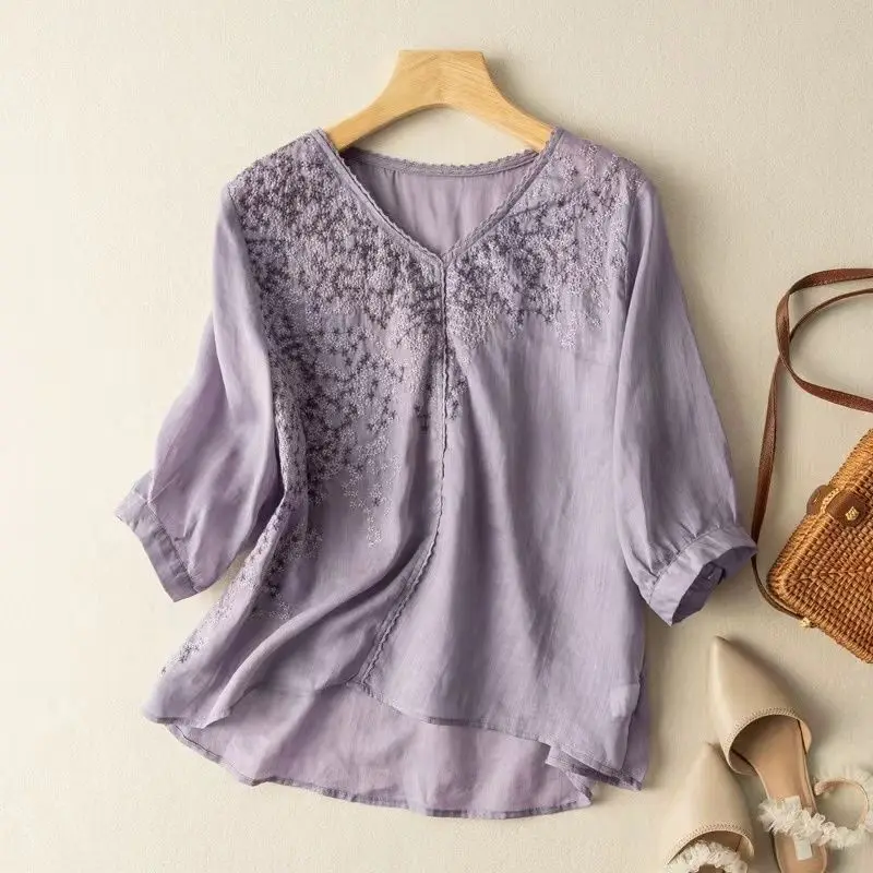 

Linen Multicolor Tops for Plus Size Women Half Sleeve T-Shirts New Summer Style Embroidered Lace Loose Slimming Cotton
