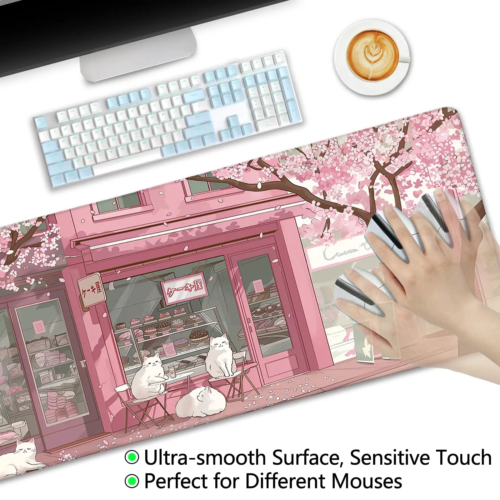 Cat Mouse Pad Large Desk Mat,Pink Cherry Blossom Computer Mousepad with Stitched Edges Non-Slip,for Desktop Cute Office Desk