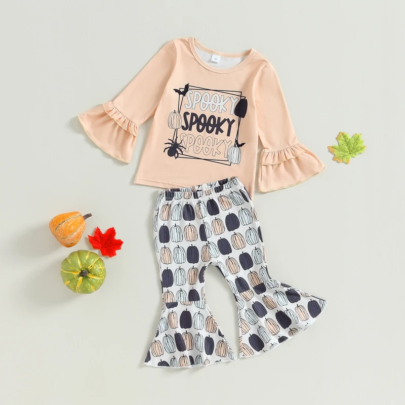 Adorable Baby Girl Autumn Halloween Apparel Set with Cute Letter Print Top and Pumpkin Flare Pants for a Stylish Look