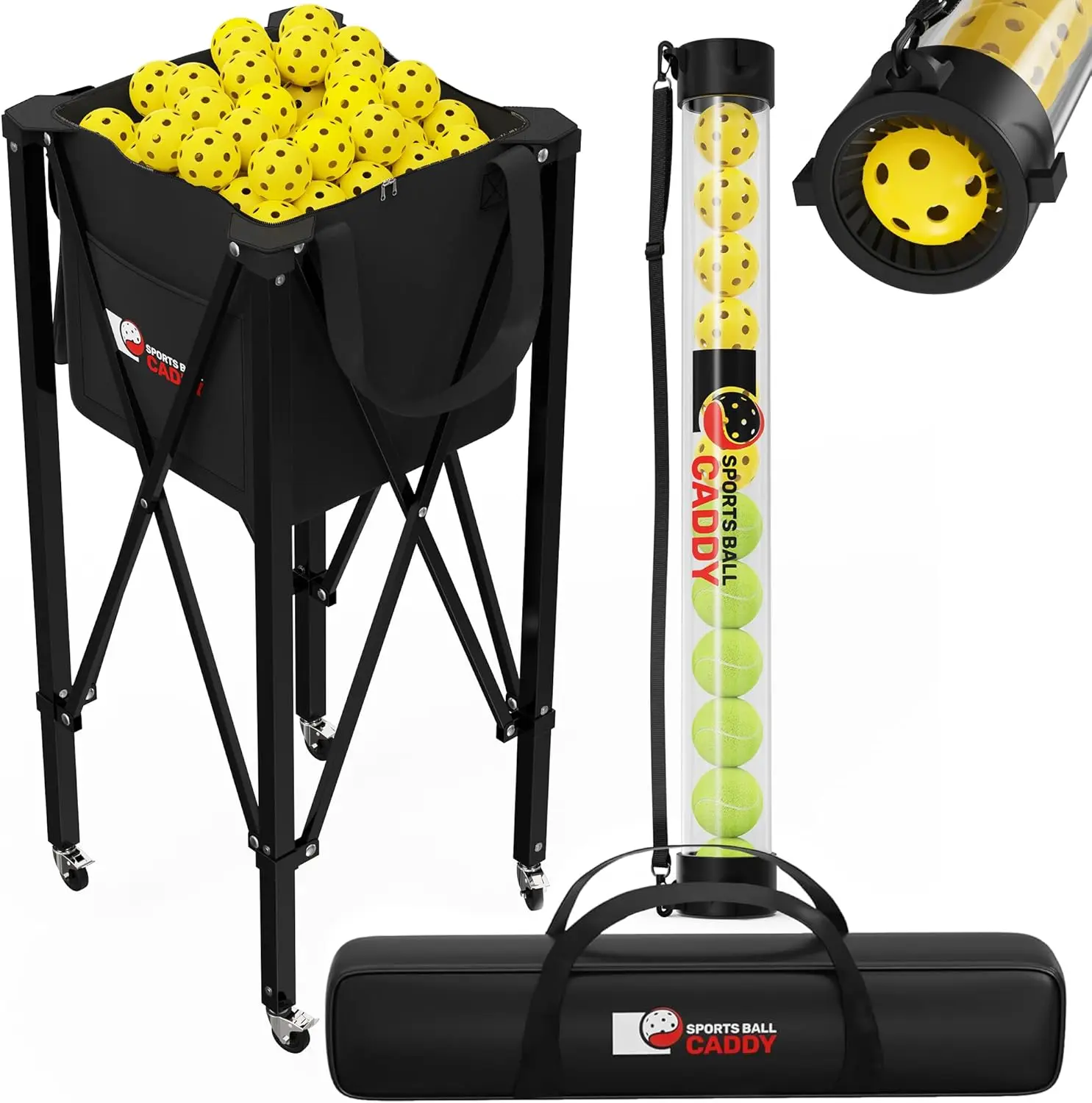 

Универсальный контейнер для теннисных и пиклбольных мячей 2-в-1 со складной рамой, колесами и сумкой для переноски – вмещает 120 мячей