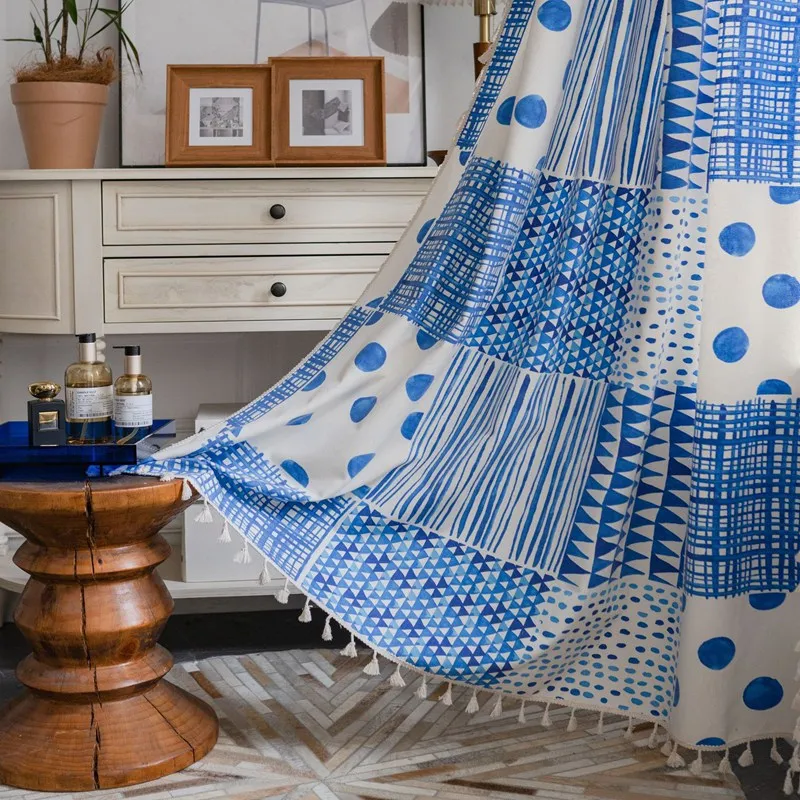 Blue Geometric Dots Tassels Curtain Thick Blackout Curtains for Living Room Bohemian Countryside Vintage Drape Kitchen Valance
