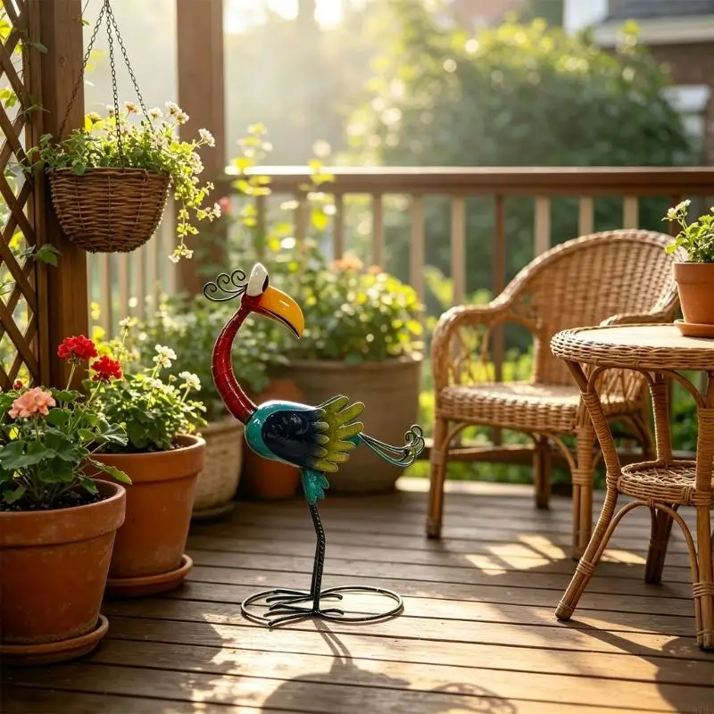 Hand-Brushed Metal Bird Statue with Backward-Looking Pose, Colorful Body, Integrated Form, and Freestanding Base for Yard 87HA