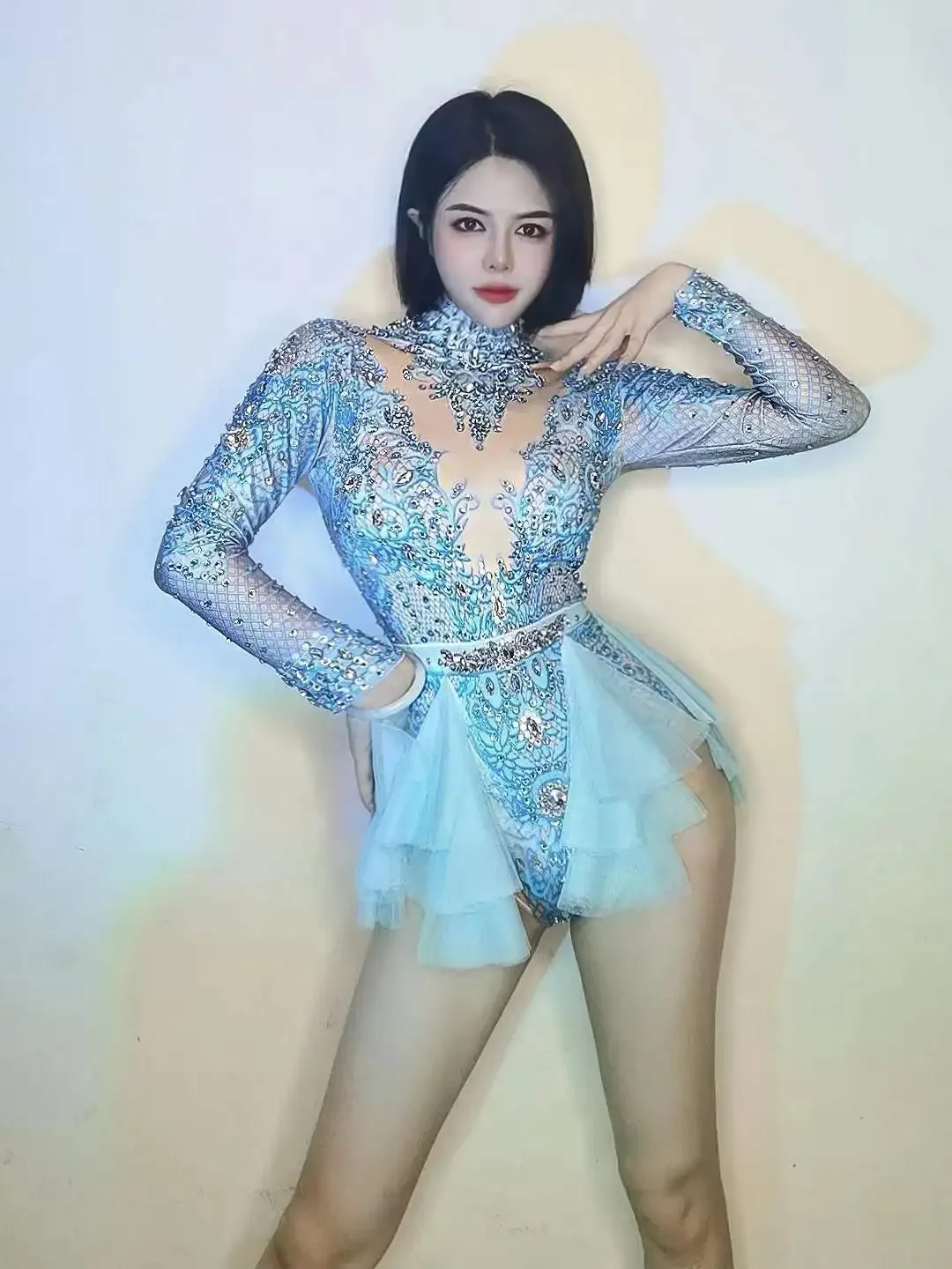 

Dancer Costume Women Stretch Spandex Bodycon Bodysuits Blue Mesh Ruffles Crystal Stage Wear Party Leotard